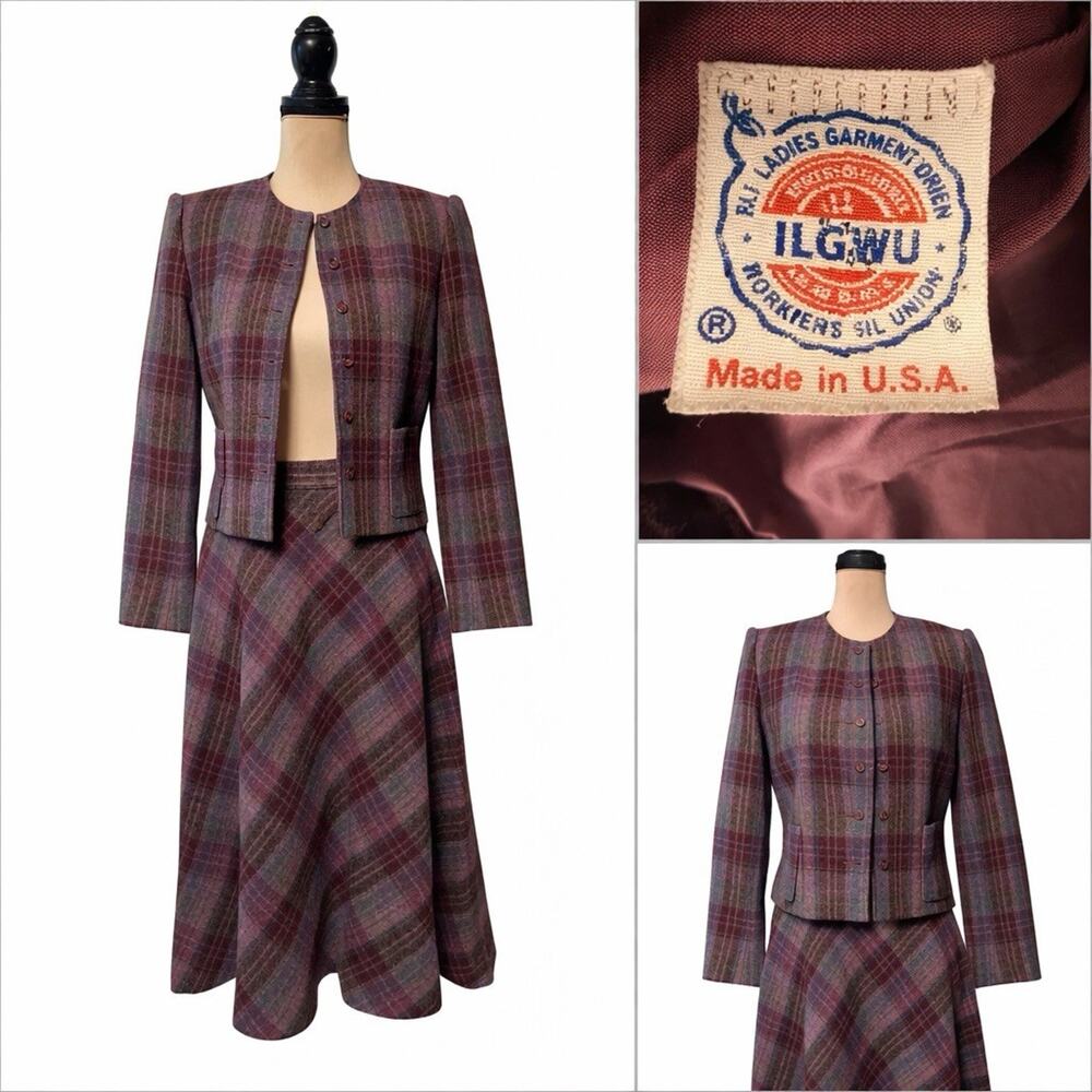70s‎ Purple Plaid Tweed Wool Blazer Suit Jacket Midi Skirt Size 6 Dark Academia